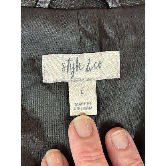 Style&Co Faux Leather Biker Moto Jacket Black Large Zip Front Pockets - Picture 4 of 14